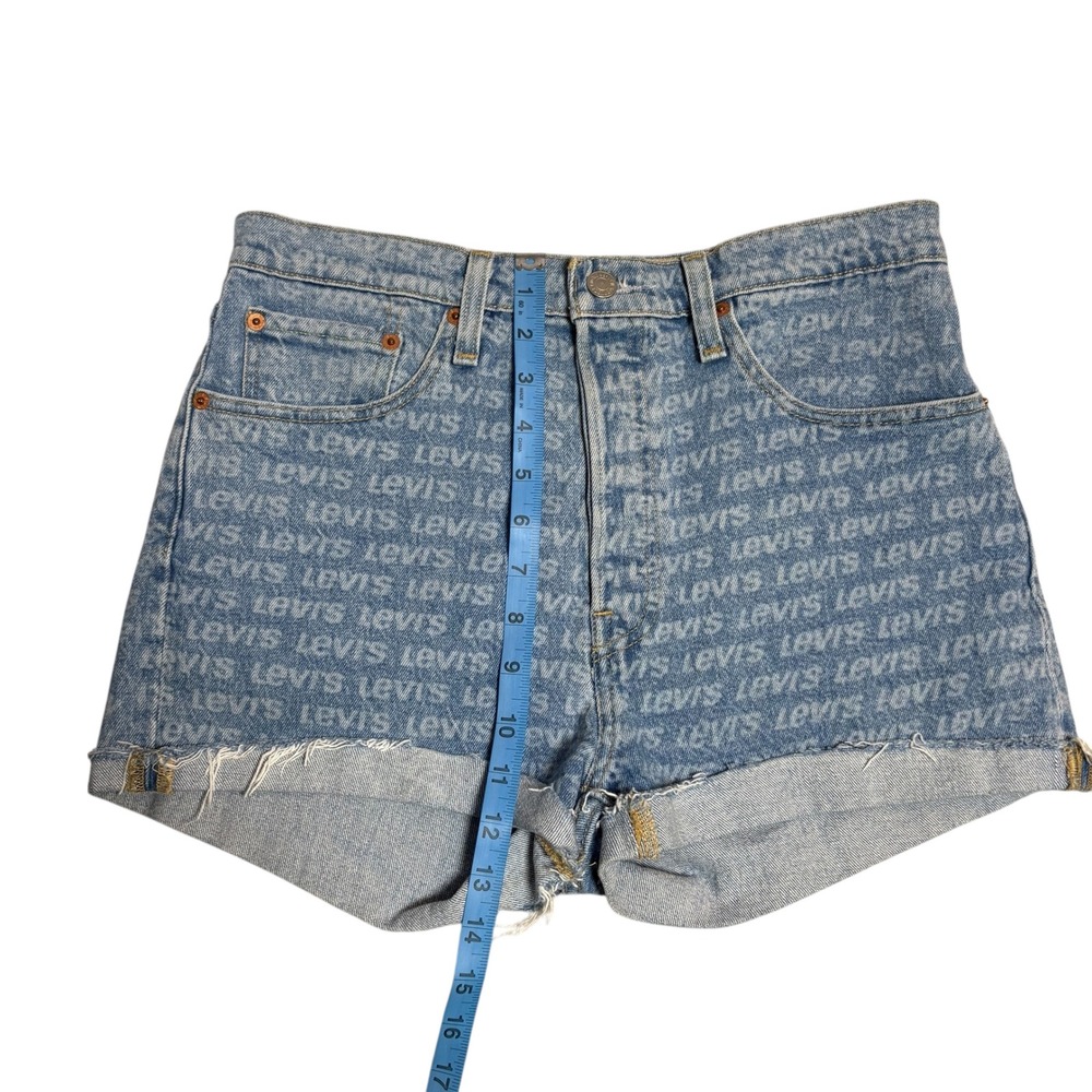 Levi's 501 Denim High Rise Cutoff Shorts All Over Logo Print Frayed Hem Size 29 - Picture 5 of 10